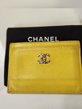 CHANEL Yellow Pebbled Leather Card Holder With Dustbag